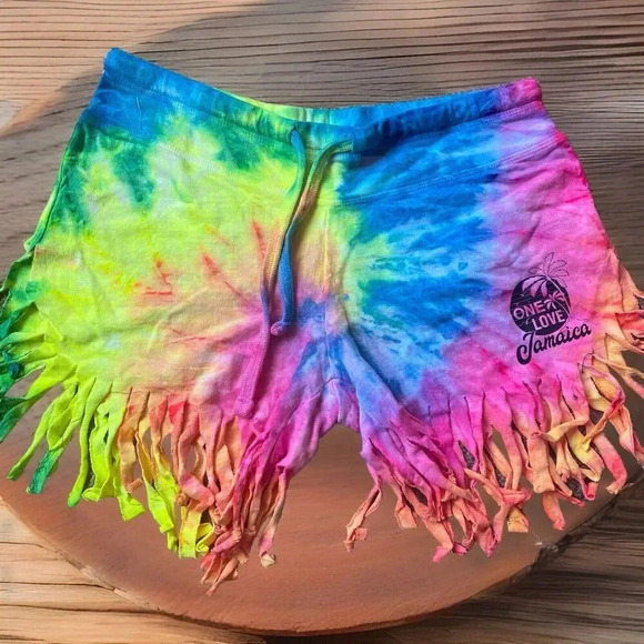 OneLove Jamaica Womens M Pull On Shorts StreetwearTassel Hem Tie Dye Drawsring - Picture 1 of 7